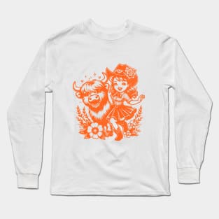 Western CowGirl Kid and Highland Cow - Retro style Unique Cowboy Themed Long Sleeve T-Shirt